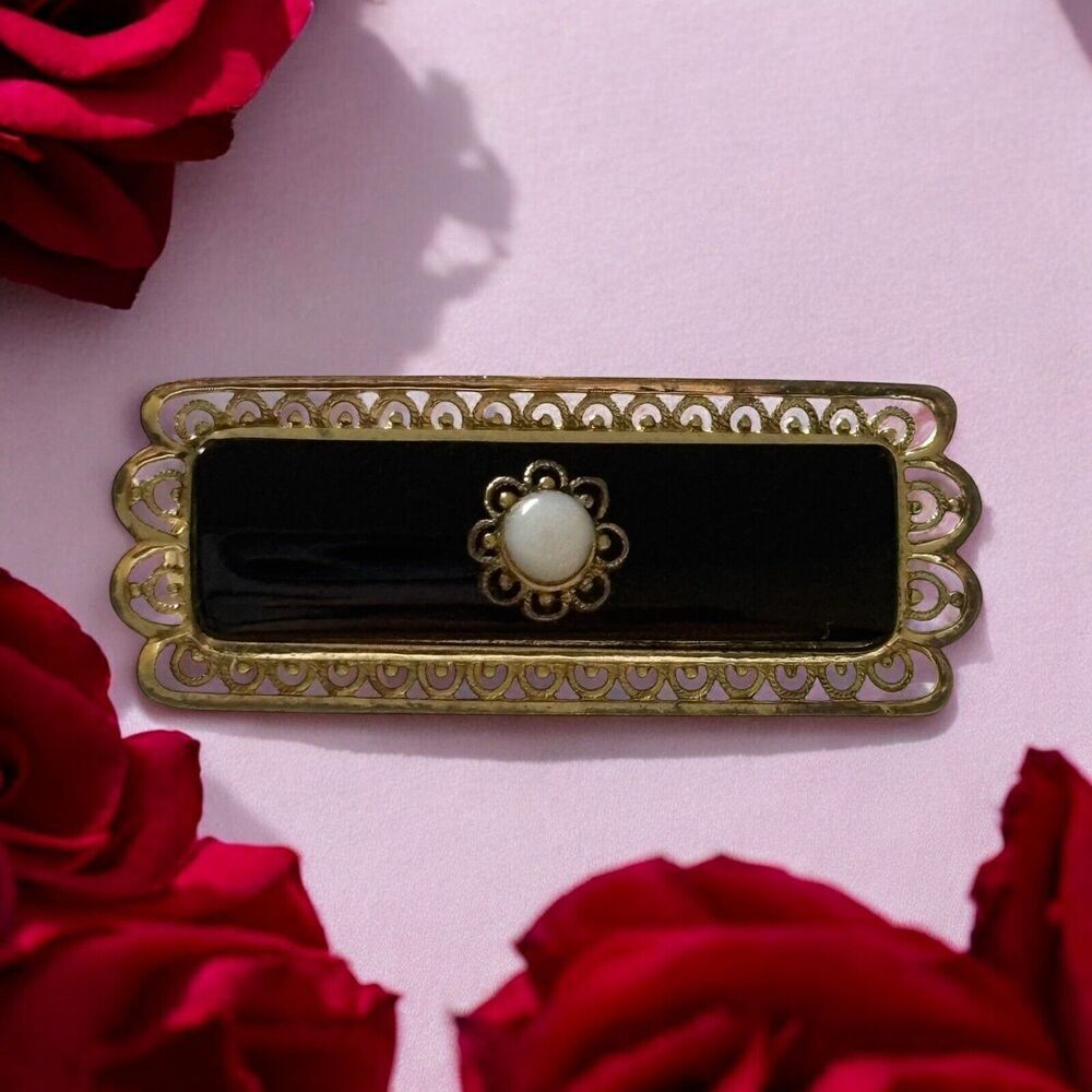Antique 800 Sterling Silver Vermeil Filigree Onyx Mourning Bar Brooch Pin - Picture 10 of 10